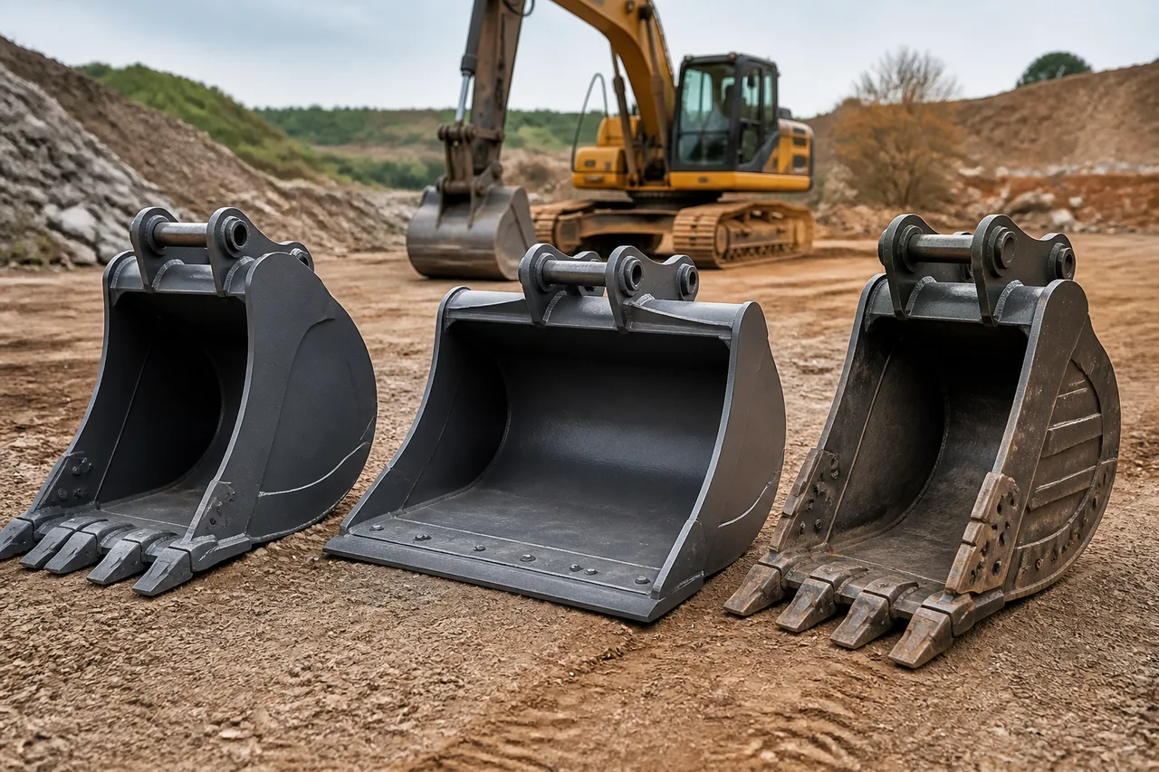 Confronto tra diverse benne per escavatore in un cantiere