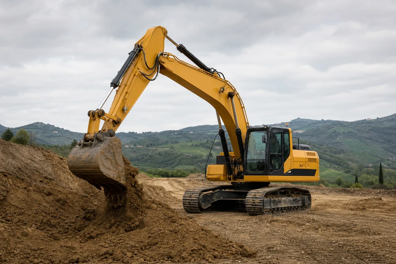Escavatore cingolato al lavoro in un cantiere di movimento terra