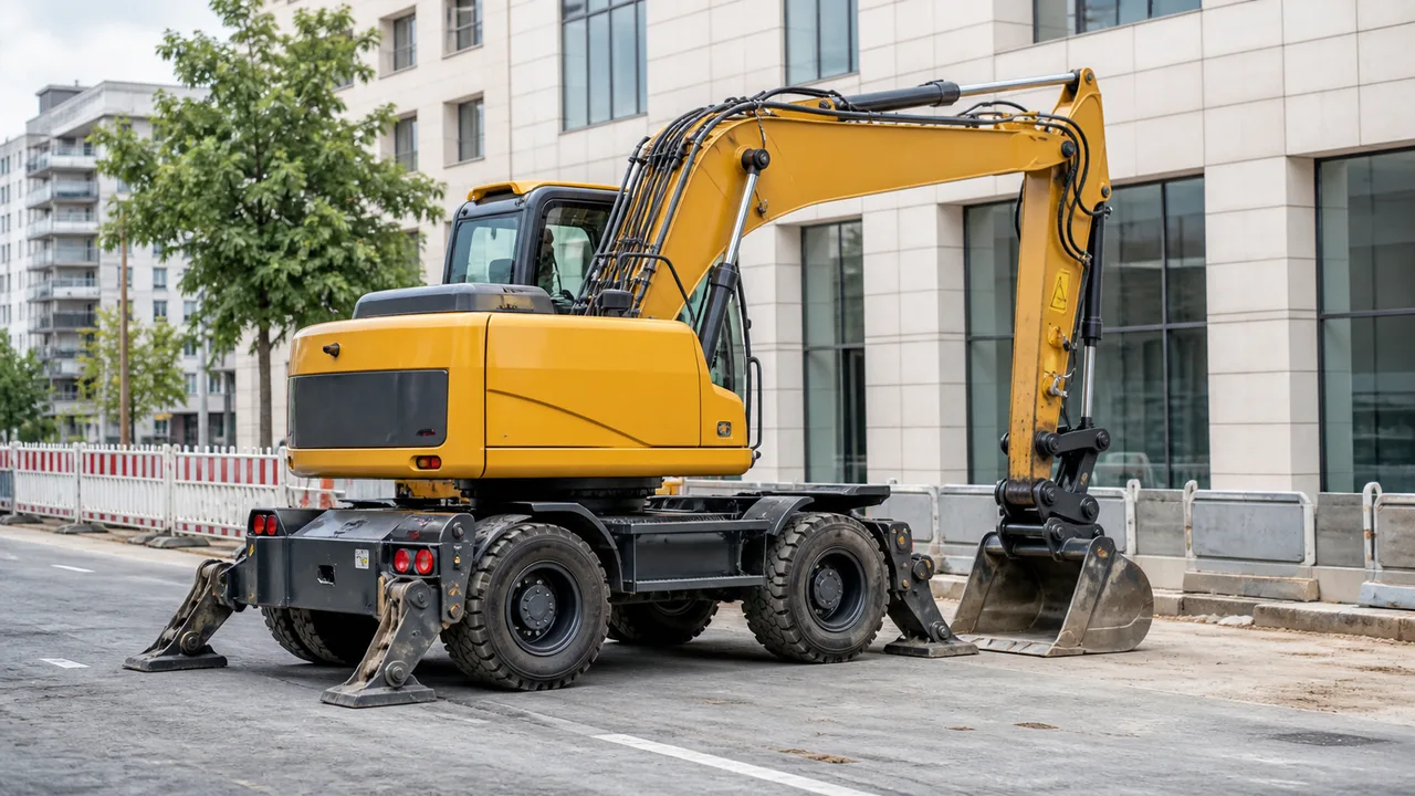 Escavatore gommato in un cantiere urbano su strada asfaltata