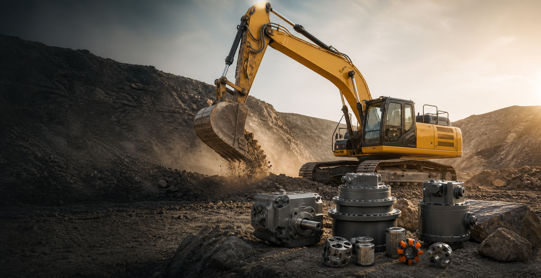 Escavatore al lavoro con pompa idraulica, motori di traslazione, final drive e ricambi YNF Machinery